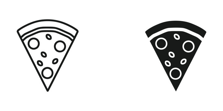 Simple black and white pizza slice icons with cheese and toppings on a plain background