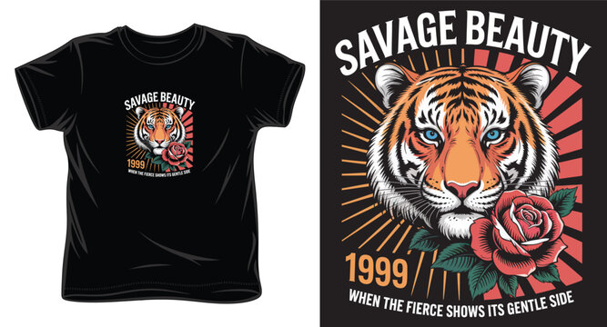 Savage beauty tiger face with rose and sunburst graphic for t-shirt design.