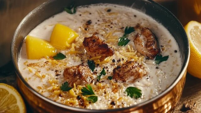 Creamy soup with chicken, cheese, and lemon. A delicious and hearty meal.