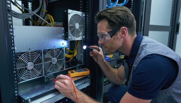 IT Technician Inspecting Server Rack: A focused IT technician wearing safety glasses meticulously inspects a server rack with a flashlight and multimeter.