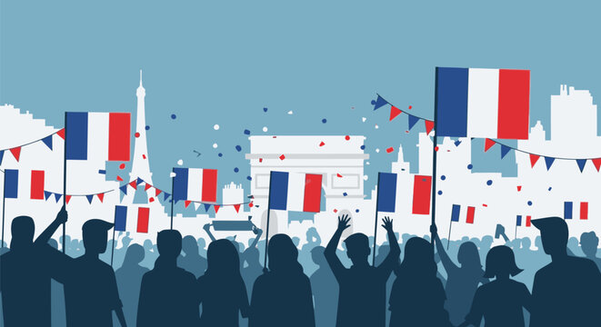 People celebrate with flags in a festive city event at night