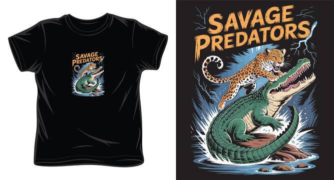 Savage predators leopard fighting alligator in water splash, lightning storm.