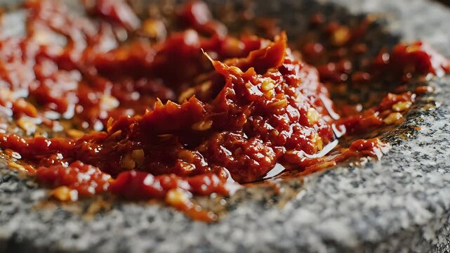 Closeup of chili paste being ground in a stone mortar and pestle.