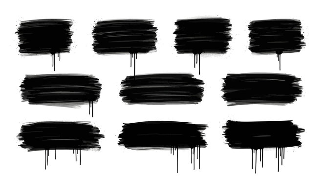 Dynamic collection of abstract black ink brush strokes with paint drips, offering versatile grunge artistic elements for graphic design projects, text backgrounds, and decorative borders