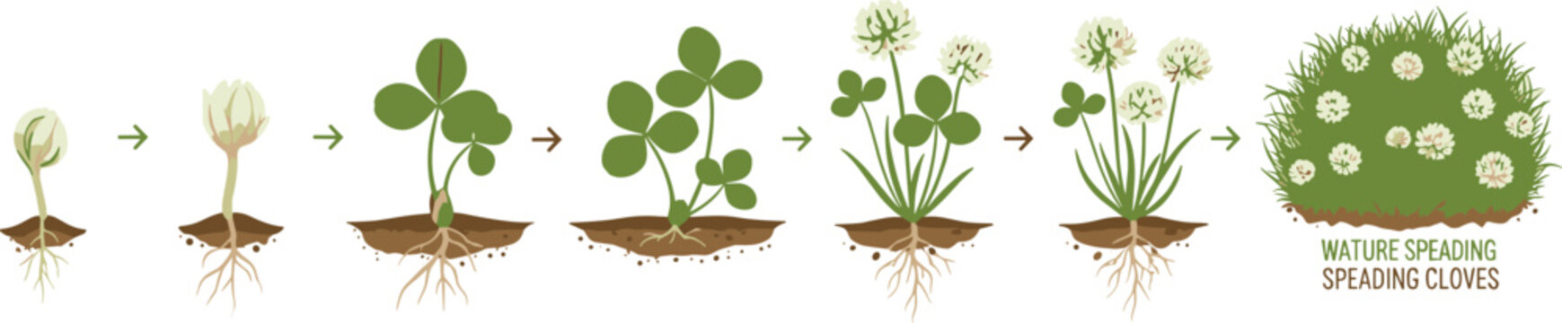 White Clover Plant Growth Life Cycle Stages Seedling to Bloom Root Soil Vector Illustration