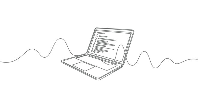 Laptop computer with code screen, line art for technology and programming