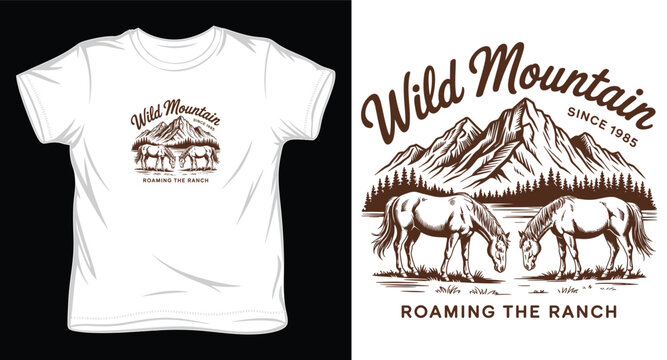 Wild mountain horses roaming the ranch vintage illustration since 1985 graphic art.