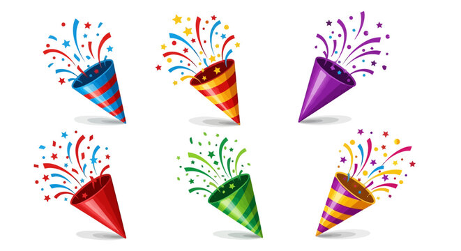 Collection of festive party poppers exploding with colorful confetti and streamers, celebrating joy and fun