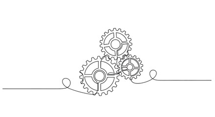Three interlocking gears mechanism continuous line art illustration © Line Lab