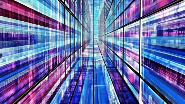 A vibrant digital tunnel showcases abstract data flowing rapidly. Futuristic glass walls reflect bright blue and purple light.