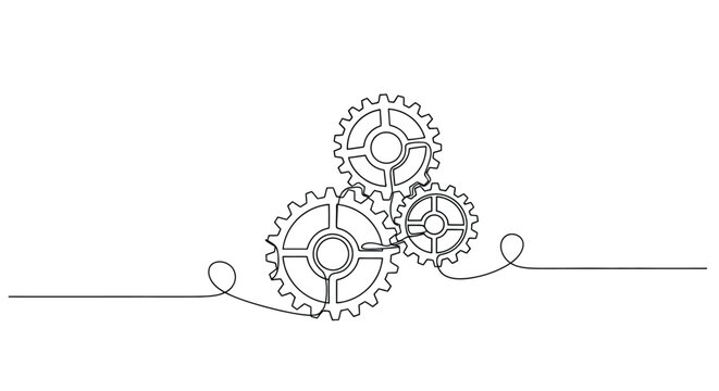 Three interlocking gears mechanism continuous line art illustration