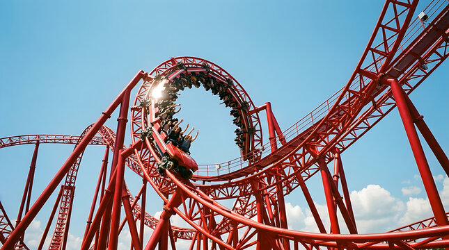 A Red Steel Rollercoaster with Thrilled Passengers Ascending and Descending on a Sunny Day