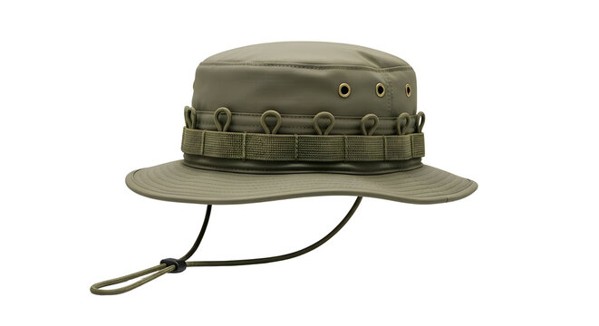 Tactical boonie hat in olive drab green, military style sun protection headwear with chin strap, outdoor safari bush hat for hiking and camping