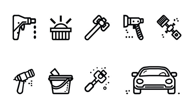 Automotive Icons in Linear Style: A series of linear style icons, symbolizing elements such as a car, different type of tools which are used in automotive maintenance and service.