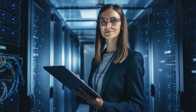 Data Center Professional: A focused female data center administrator in glasses and business attire, holding a tablet, stands amidst rows of server racks.