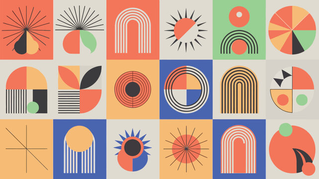 Abstract geometric pattern with colorful shapes and a retro mid century aesthetic
