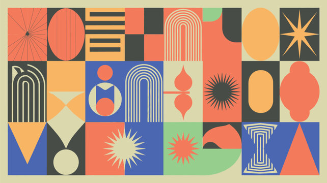 Geometric abstraction with colorful shapes and patterns in a modern composition