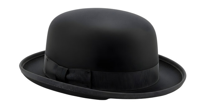 Classic black bowler hat with satin ribbon, vintage felt derby hat for formal attire, traditional british headwear isolated on white background