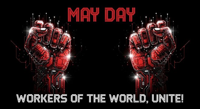 A digital poster featuring a robotic fist symbolizing worker solidarity and struggle in the technological era.