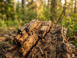 Fototapeta premium The textured surface of a weathered tree stump, intricately detailed, rests amidst the dappled sunlight of a vibrant forest. The close-up shot captures the raw beauty of nature's textures.