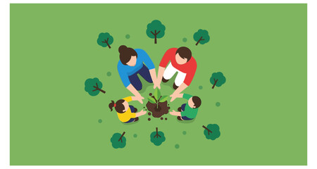 Fototapeta premium Family planting a tree together flat vector illustration on transparent background