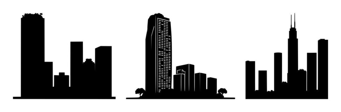Green skyscraper icon set with solid black silhouette on white background featuring vertical greenery, urban forestry, sustainable architecture with eco-friendly and urban renewal