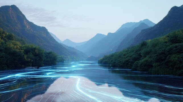 Glowing digital energy flow moving over mountain river surface. Abstract representation of data stream in natural landscape. Technology environmental sustainability and power concept.
