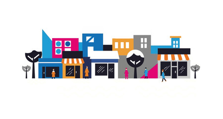 Obraz premium Stylized city street illustration with people on transparent background