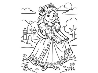 Fototapeta premium Line drawing of a happy cartoon princess in a ball gown standing in front of a castle with a bow in her hair coloring page black and white princess
