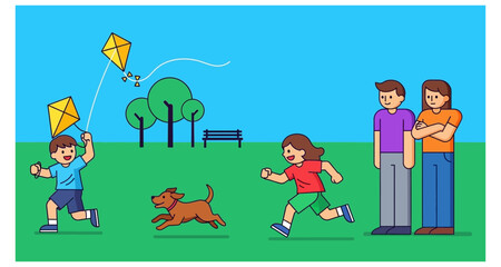 Obraz premium Family Flying Kites In Park Vector Illustration On Transparent Background