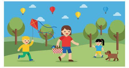 Fototapeta premium Children Flying A Kite In Park Flat Vector Illustration On Transparent Background