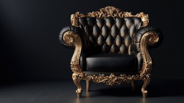 Luxury black leather armchair with ornate gold carved wood frame. Elegant baroque style furniture for royal interior design and grand hall decor. Opulent classic vintage seat object.