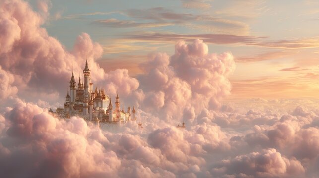 Fairytale castle floating above clouds at sunset. Magical palace in sky. Surreal kingdom fantasy landscape. Dreamy atmosphere for children story illustration, book cover and creative design.