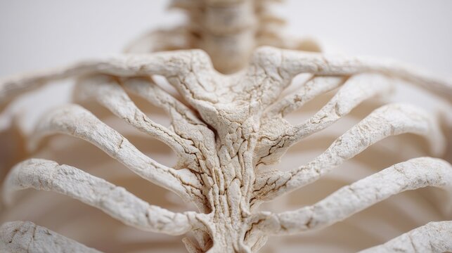 Human skeleton rib cage closeup. Model of thoracic bone structure for anatomy study. Medical equipment for biology education, skeletal system research and clinical science diagnostic.
