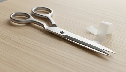 Obraz premium Professional pair of scissors beside cut tape lying on a light wood desk for DIY craft and repair concept, sharp metal shears on a natural wooden surface with adhesive