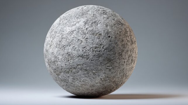 Rough textured stone sphere isolated on a neutral background. 3D rendered model of a rock ball with uneven surface. Abstract concept of geology, nature, minimalism and architecture.