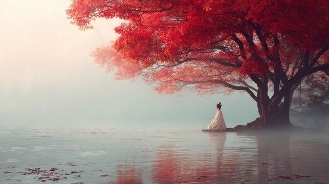 Asian woman in traditional clothing meditating under a bright red maple tree by a misty lake. Concept of zen, peace, harmony and spiritual mindfulness in nature. Asian autumn landscape.