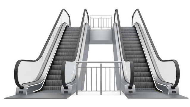 Modern escalator design, steps, rails, moving staircase, white background.