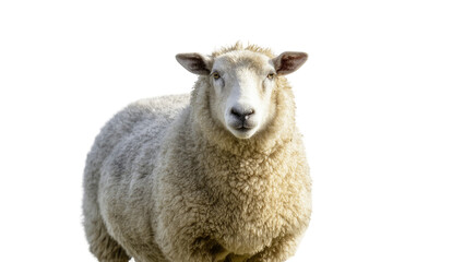 Fototapeta premium Fluffy Cream Colored Sheep Portrait with Woolly Coat and Horns