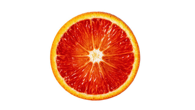 Crimson blood orange cross-section with juicy pulp and rind