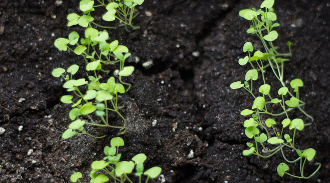 Two rows of green seedlings growing in dark fertile soil. Top view natural pattern.