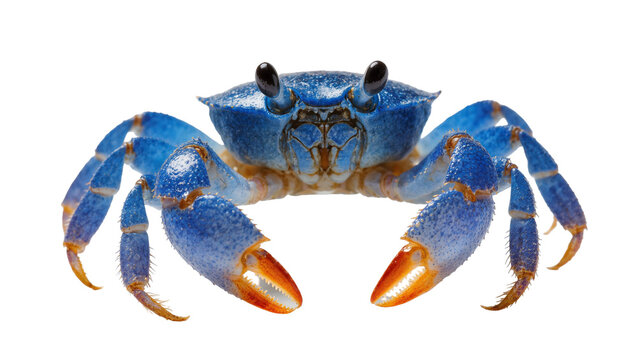 Blue land crab with orange claws and dark eyes facing forward