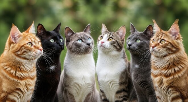 Group of cats of various colors looking up against green background