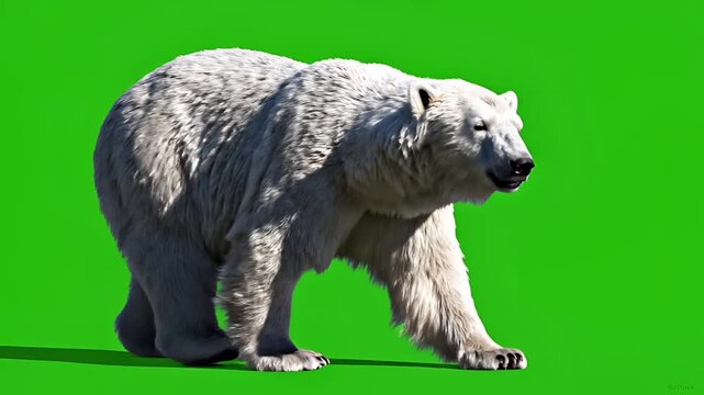 Majestic Polar Bear Walks Across Green Screen Background.