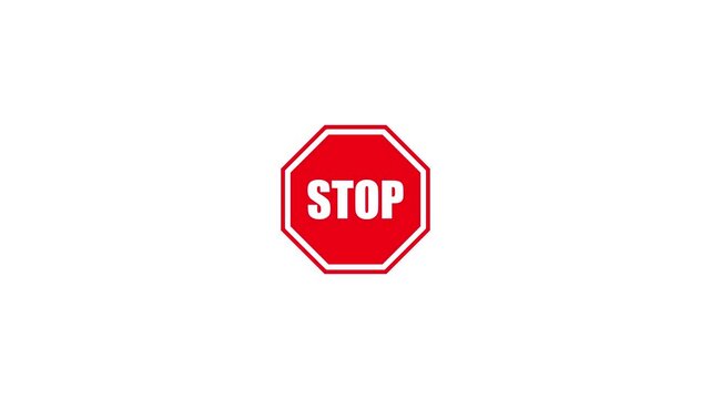 Bold octagonal red stop sign with white text animation on clean light white background. 4k