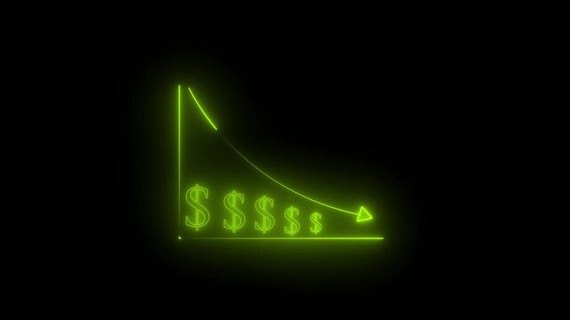 Neon financial chart showing declining dollar value and market loss animation graph decline