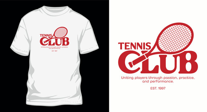 Red tennis club t shir design with racket and text.