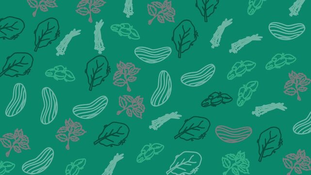 Green background features leafy vegetables and cucumbers. Hand-drawn outlines in soft tones add a natural feel. Pattern repeats seamlessly for versatile design use. Ideal for health, wellness