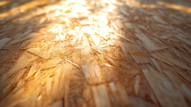 Close up of osb texture highlighting the strands and layers with warm sunlight casting natural shadows across the wood composite surface showcasing its grain pattern and structural detail for