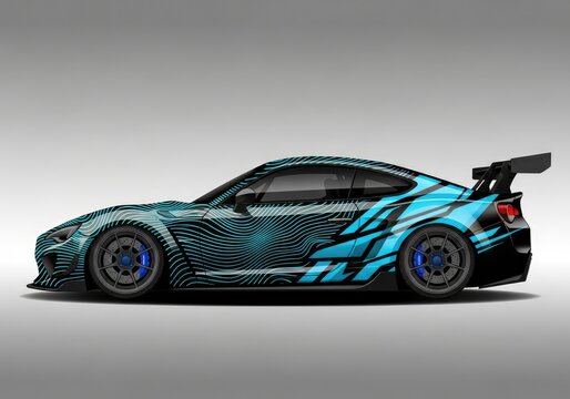 Custom sports car with blue and black wavy vinyl wrap